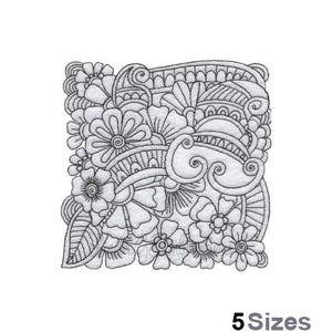 May include: Black and white embroidery design featuring a floral pattern with swirls and leaves. The design is intricate and detailed, and would be perfect for a variety of projects.