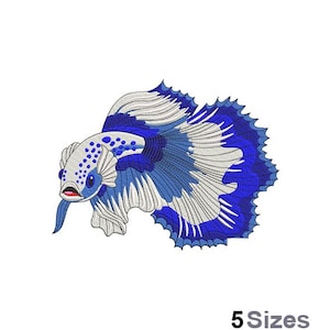 May include: Embroidered design of a blue and white betta fish with a long, flowing tail. The fish has a white body with blue spots and a blue tail with white accents.