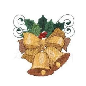 May include: Embroidered Christmas bells with a gold bow and green holly leaves. The bells are tied together with a gold ribbon and have a red berry accent.