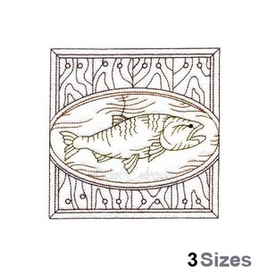 May include: An embroidered design featuring a fish within an oval frame, set against a wood-grain background. The design is enclosed in a rectangular frame. The text "3 Sizes" is at the bottom of the image.