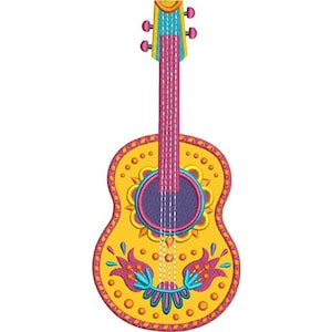 以下が含まれることがあります： ピンク、ブルー、オレンジの花柄が施された黄色のアコースティックギター。ギターは紫色のサウンドホールとピンクのネックを持っています。