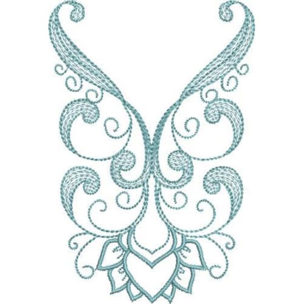 Scrolled Neckline - Machine Embroidery Design, Heart Adornment Neckline Embroidery Pattern, Scrolled Decoration Embroidery Design