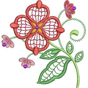 Jacobean Era Flower - Machine Embroidery Design, Jacobean Floral Embroidery Pattern, Red Flower Embroidery Design