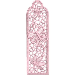 May include: A pink lace bookmark with a butterfly design. The bookmark is cut out in a delicate pattern and has a scalloped edge.