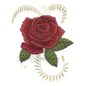 Elegante diseño de bordado a máquina de rosas rojas: patrón de bordado de rosas para San Valentín, bordado realista de rosas de amor, diseño de hojas de rosa