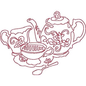 Puede incluir: Un dibujo de línea roja de una tetera, una jarra de crema y una taza con una cuchara. La tetera y la jarra de crema tienen diseños florales.