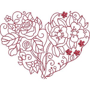 Può includere: Un disegno a linea rossa a forma di cuore pieno di fiori e foglie stilizzati.