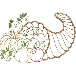 Bountiful Cornucopia - Machine Embroidery Design, Thanksgiving Cornucopia Outline Embroidery Pattern, Pumpkin And Fruits, Autumn Harvest