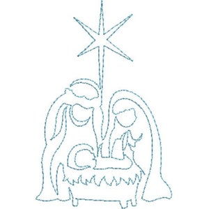 May include: A simple line drawing of the nativity scene with Mary, Joseph, and baby Jesus in a manger. A star is above them.