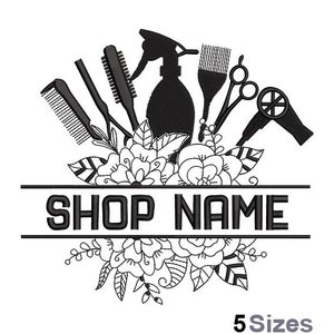 May include: Black and white embroidery design of hair salon tools, including scissors, combs, a hairdryer, and a spray bottle, surrounded by stylised flowers and the text "SHOP NAME".