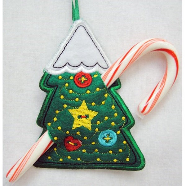 ITH Christmas Tree Candy Cane Holder - Machine Embroidery Project Design, In The Hoop Christmas Tree Pattern, Xmas Candy Cane Holder Design