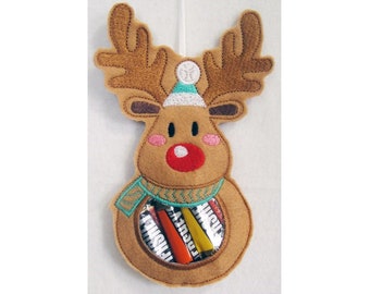 ITH Reindeer Christmas Candy Bag - Machine Embroidery Project Design, In The Hoop Candy Bag Embroidery Pattern, Xmas Reindeer Candy Bag