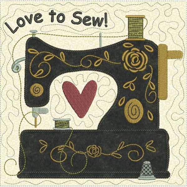 Love To Sew Quilt Block - Machine Embroidery Design, Sewing Machine Quilt Block Embroidery Pattern, I Love To Sew, Sewing Quote Embroidery