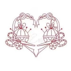 Redwork Sewing Supplies Heart - Machine Embroidery Design, Sewing Scissors, Pincushion, Needles & Buttons, Embroidery Pattern, I Love Sewing