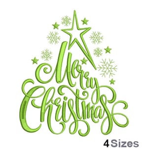 May include: Green embroidered design of a Christmas tree with the words "Merry Christmas" and snowflakes.
