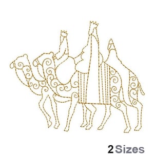 Może przedstawiać: Liniowy rysunek trzech mędrców jadących na wielbłądach, z złotym obramowaniem. Obraz jest stylizowany i ma prosty design. Mędrcy noszą korony i szaty. Wielbłądy idą w szeregu.