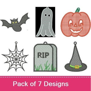 7 FSL Halloween Kleiderbügel - Maschinenstickerei Designs PACK, freistehende hängende Ornamente, Fledermaus Geist Kürbis, inklusive Anleitung