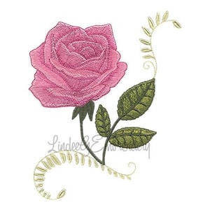 Elegant Pink Rose Machine Embroidery Design - Valentines Rose Embroidery Pattern, Love Rose Embroidery, Rose Leaves Embroidery Design