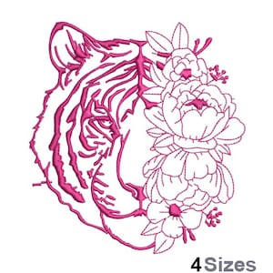 Può includere: Design di ricamo di arte di linea rosa di una testa di tigre con fiori. Il viso del tigre è delineato con una linea rosa e i fiori sono dettagliati con linee rosa.
