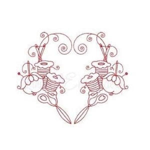 Redwork Sewing Heart Collage - Machine Embroidery Design, Thread Spools & Pin Cushion Needles Redwork Embroidery, Redwork Heart Design