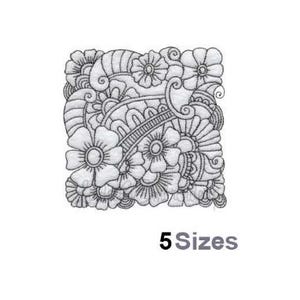 May include: Black and white floral embroidery design featuring various flowers and swirling patterns. The design is square and has detailed stitching. The text "5 Sizes" is below the design.