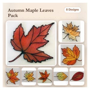 May include: A collection of 8 designs titled Autumn Maple Leaves Pack, featuring various illustrations of maple leaves in shades of red, orange, yellow, and green with distinct black outlines, presented in a grid layout.