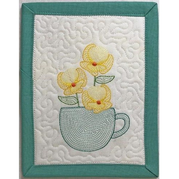 ITH Light Bloom Mug Rug - Machine Embroidery Design, Quilted In The Hoop Floral Bloom Mug Rug, Teacup Sunflowers, Includes Instructions