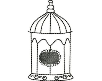 Jaula para pájaros pequeña con pespunte - Diseño de bordado a máquina, patrón de bordado de jaula para pájaros, diseño de bordado decorativo de jaula para pájaros