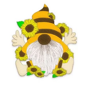 Bee Gnome - Machine Embroidery Design - 4 Sizes, Sunflower Gnome Embroidery Pattern, Floral Gnome Embroidery Design, Spring Bee Embroidery