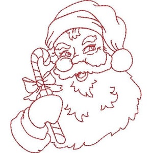 May include: Line art illustration of Santa Claus holding a candy cane. The illustration is in red and white.