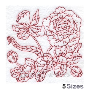 Redwork Frühlingsblumen - Maschinenstickerei, Florales Redwork Stickmuster, 5 Größen