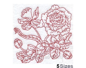 Spring Redwork Flowers - Machine Embroidery Design - 5 Sizes, Floral Redwork Embroidery Pattern