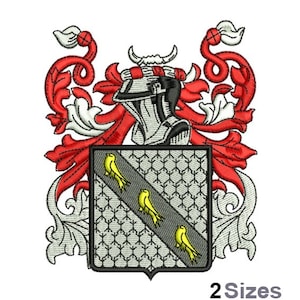 Könnte beinhalten: Ein Wappen mit einem Schild, der ein graues und weißes Wabenmuster und drei gelbe Vögel zeigt. Der Schild ist von roten und weißen floralen Designs und einem Ritterhelm umgeben.