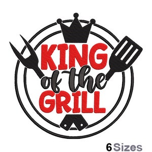 May include: A black and red graphic with the text "KING of the GRILL" inside a circle, with a crown, spatula, and fork. The words are in a bold, stylized font. The image also includes the text "6 Sizes" in a smaller font.
