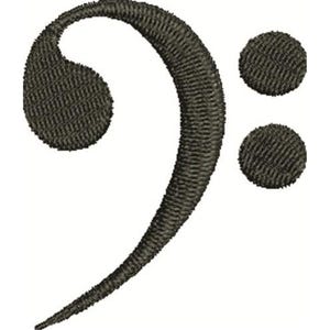 May include: An embroidered bass clef symbol in dark gray, set against a white background. The treble clef is a musical symbol used to indicate the pitch of notes. The design includes two small, circular dots.