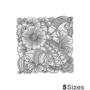 May include: Black and white line art embroidery design featuring a floral motif with intricate details. The design includes flowers, leaves, and swirls.