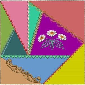 Può includere: Un blocco di trapunta patchwork colorato con un disegno floreale al centro. Il blocco è composto da diverse tonalità di rosa, verde, blu, giallo e viola. Il disegno floreale presenta tre margherite bianche con centri gialli e foglie verdi.