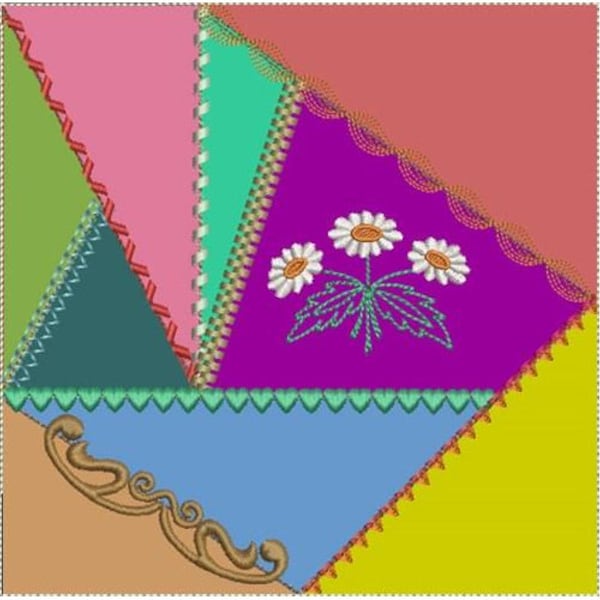 ITH Crazy Quilt Block Daisies - Machine Embroidery Design, In The Hoop Crazy Quilt Blocks Table Runner Design - Includes Instructions