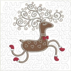 Pode incluir: Uma rena marrom em um fundo branco. A rena tem um laço vermelho e botas vermelhas. As chifres da rena são feitos de espirais.