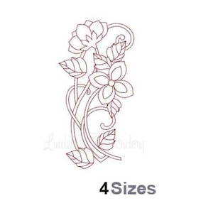 Simple Redwork Flowers - Machine Embroidery Design - 4 Sizes, Floral Redwork Embroidery Pattern, Flowers And Leaves Redwork Embroidery