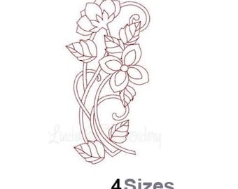 Simple Redwork Flowers - Machine Embroidery Design - 4 Sizes, Floral Redwork Embroidery Pattern, Flowers And Leaves Redwork Embroidery