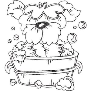 May include: A black and white line drawing of a dog taking a bath in a tub with bubbles. The dog is sitting in the tub with its head sticking out. There are bubbles around the dog and the tub.