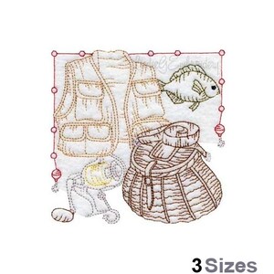 Könnte beinhalten: Gestickte Darstellung einer Angelweste, einer Tacklebox und eines Fisches. Das Design ist in Braun-, Beige- und Rottönen gehalten.