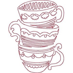 May include: A stack of four teacups with intricate designs, outlined in red thread embroidery. The cups are stacked on top of each other, with the top cup having a handle.