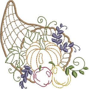 Thanksgiving Cornucopia - Machine Embroidery Design, Horn Of Plenty Embroidery Pattern, Autumn Harvest Design, Apple, Pear, Pumpkin Design