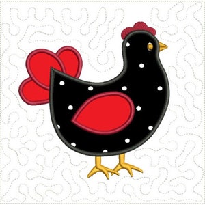 May include: Black and red applique design of a chicken with white polka dots on a white background with a quilted pattern.