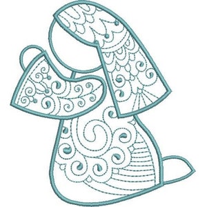 May include: A teal-colored embroidery design of a kneeling figure with a head covering, holding an object. The design features intricate swirling patterns and lines, creating a detailed and ornamental appearance. The figure is set against a white background.