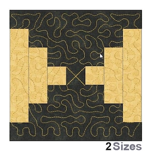 May include: A black and gold quilt block with a swirling pattern. The block is made up of two different sized rectangles. The larger rectangles are gold and the smaller rectangles are black. The text "2 Sizes" is printed below the block.