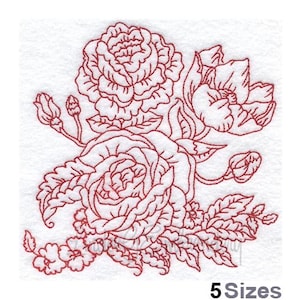Redwork Realistische Blumen - Maschinenstickerei, Florales Redwork Stickmuster, Maschinenstickerei in 5 Größen