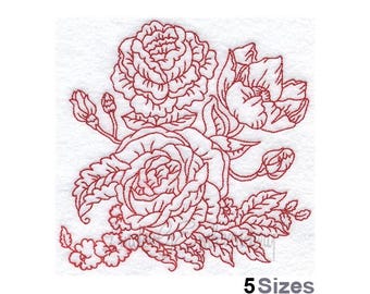 Redwork Realistic Flowers - Machine Embroidery Design - 5 Sizes, Floral Redwork Embroidery Pattern
